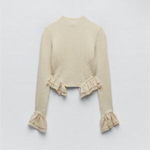 Zara elegant cropped flirty Cream Ruffle Sweater Top size M